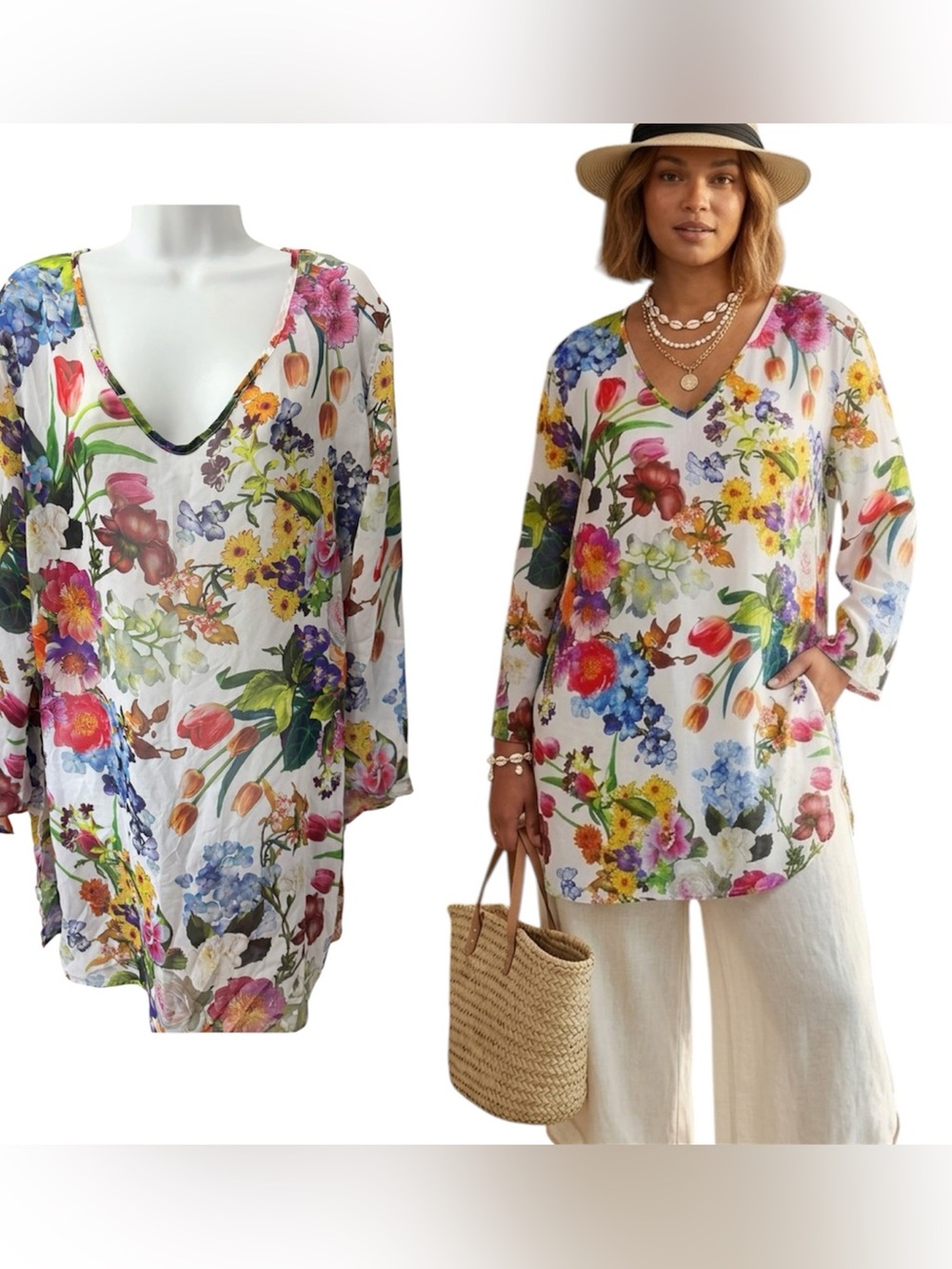 Jean Pierre Klifa Silk Floral V-Neck Women’s Tunic Top - White Multi- Large